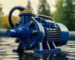 Blue water pump on the background of the water. Selective focus.